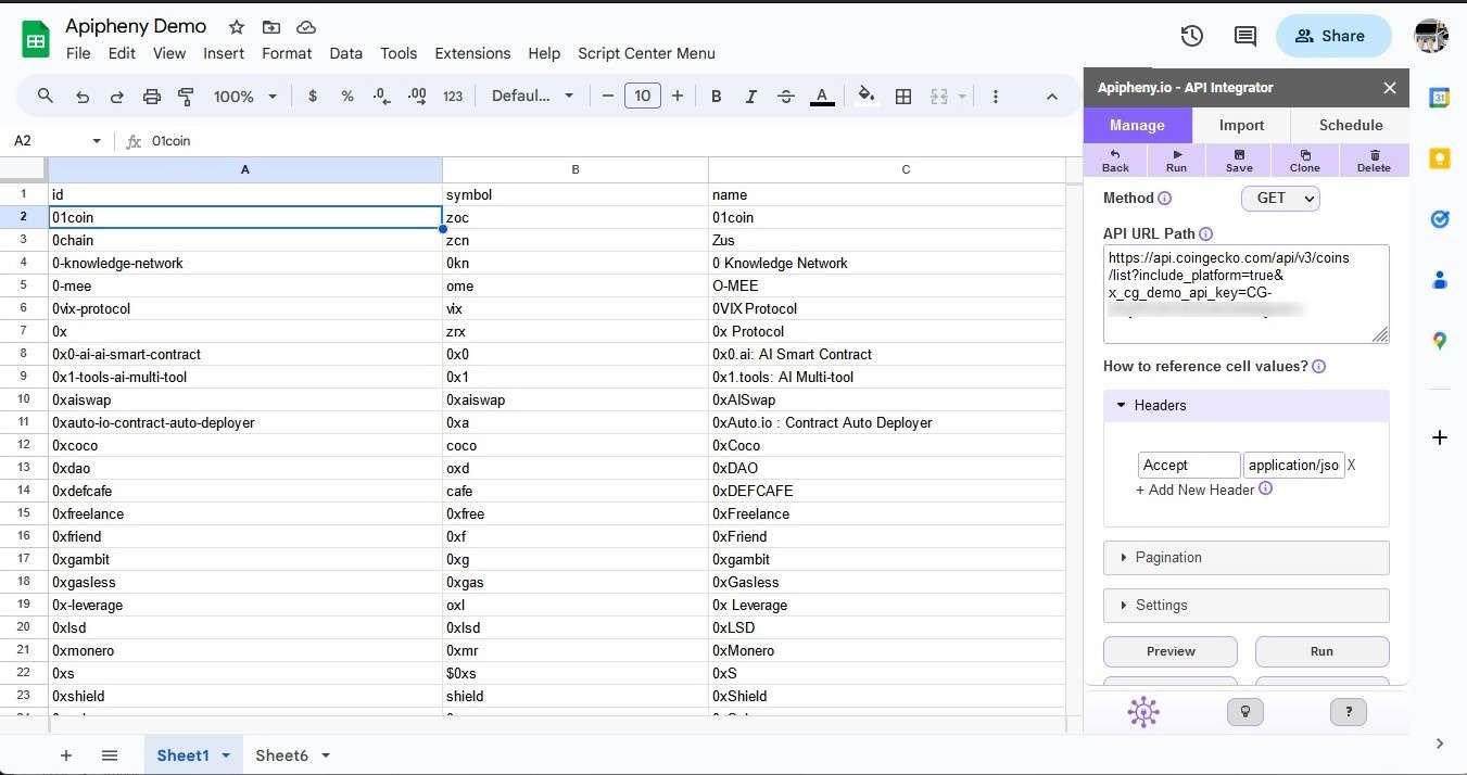 Connect CoinGecko To Google Sheets [API Integration] – Apipheny